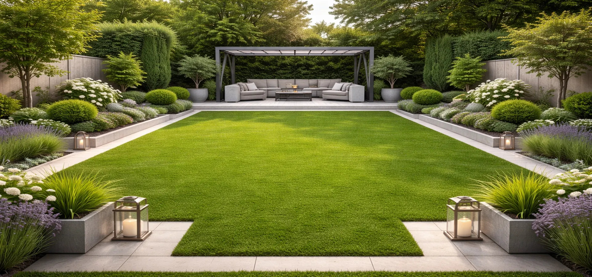Modern garden with a lawn, seating area, and decorative elements.