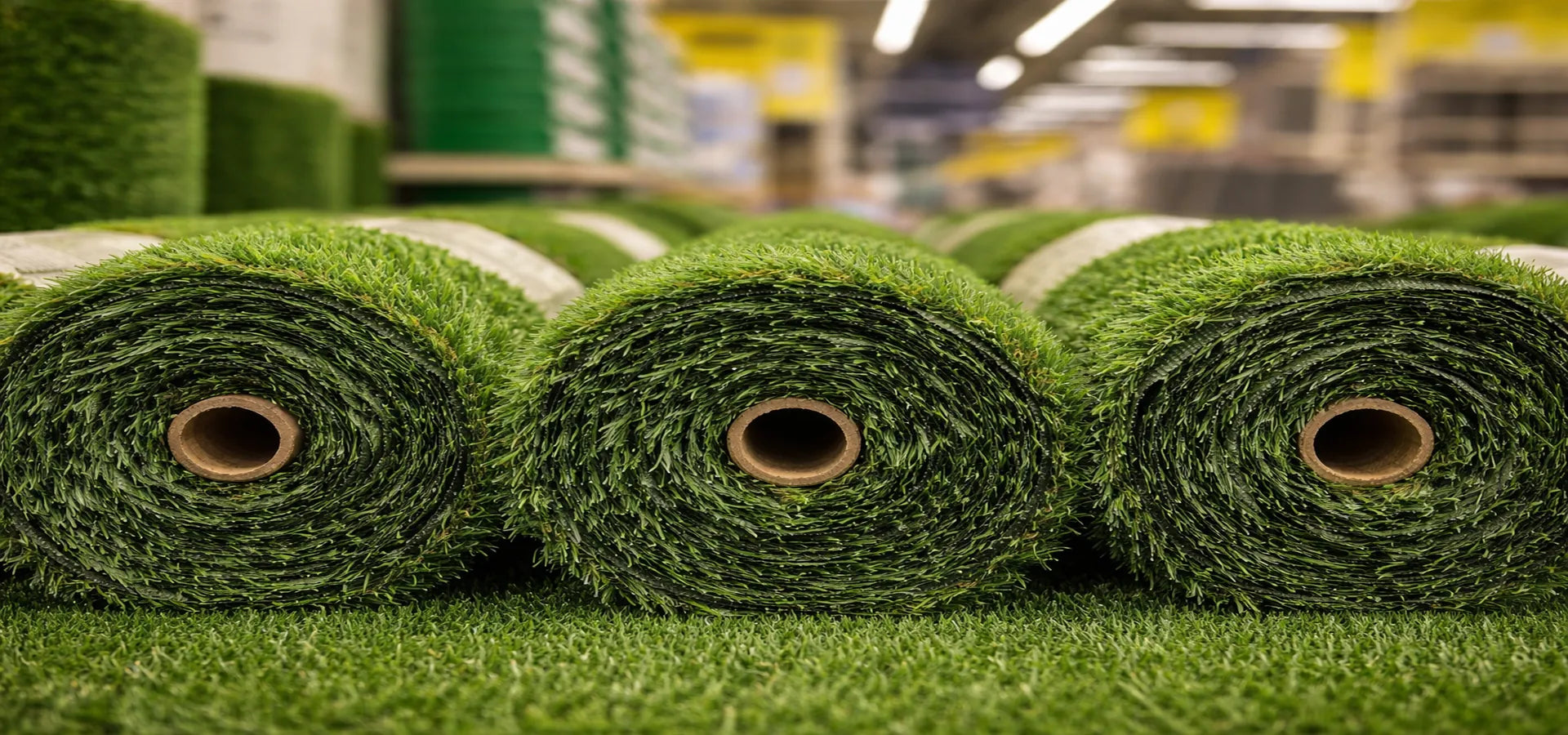 Rolls of artificial grass in a store setting