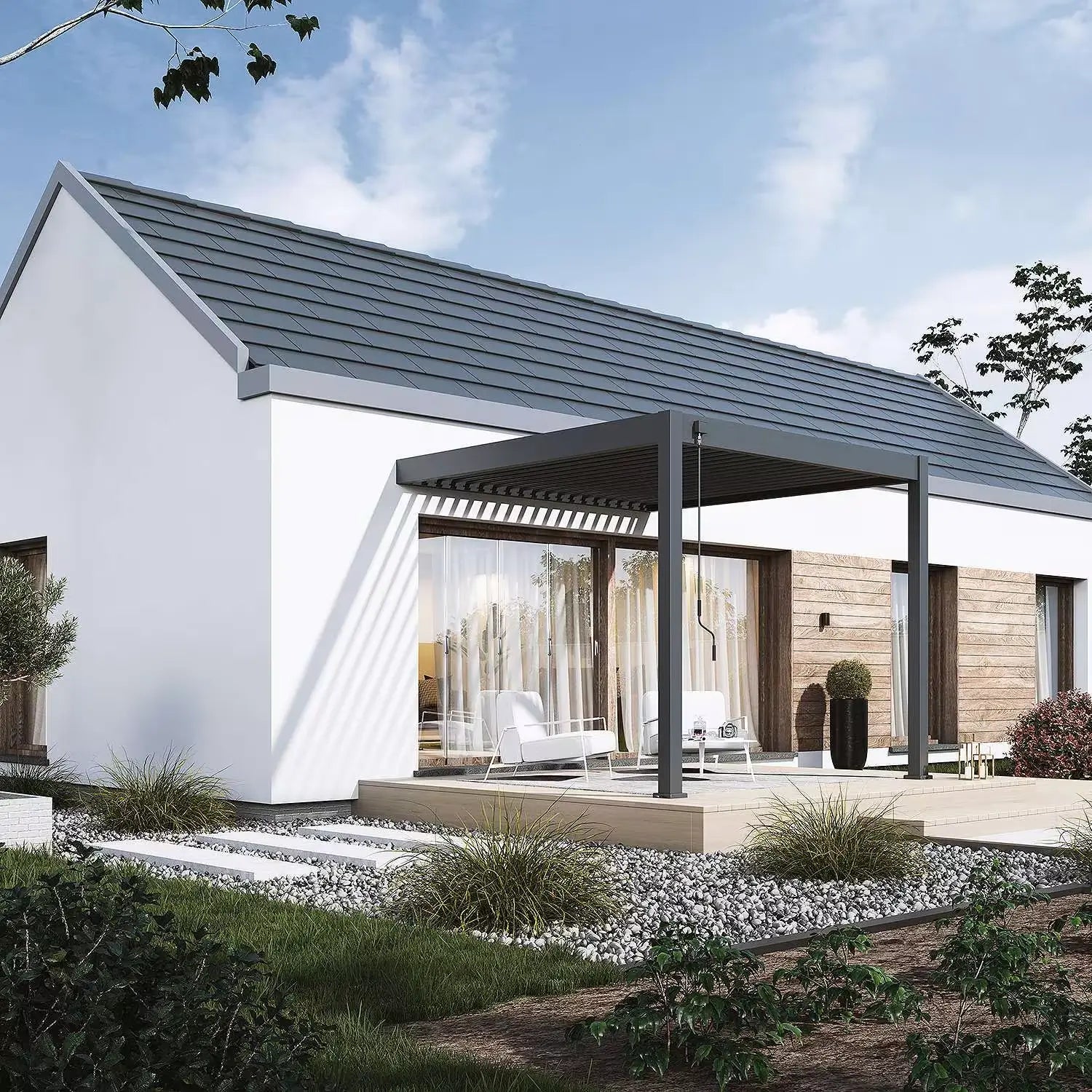 Modena Aluminium Pergola 3m x 3m Wall Mounted - Artificial Grass Direct