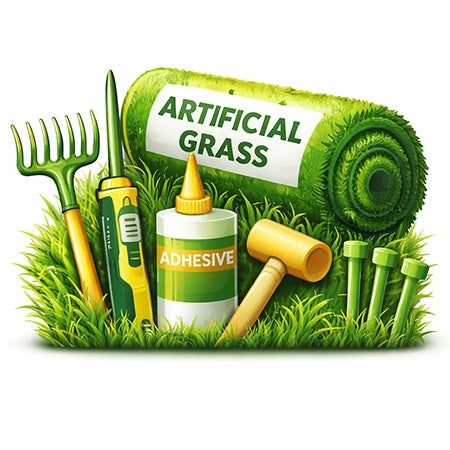 Roll of artificial grass with gardening tools and adhesive on a grassy background