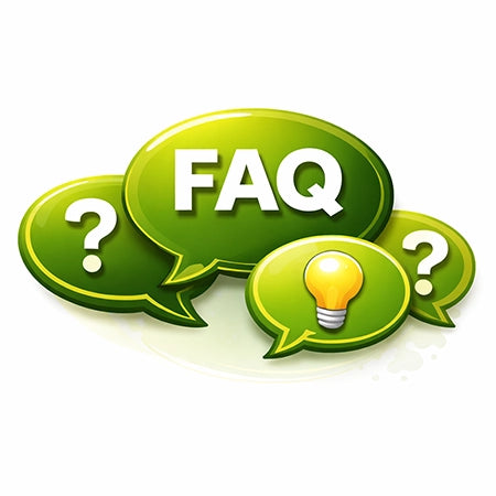 Green speech bubbles with question marks and a light bulb, representing FAQ on a white background.