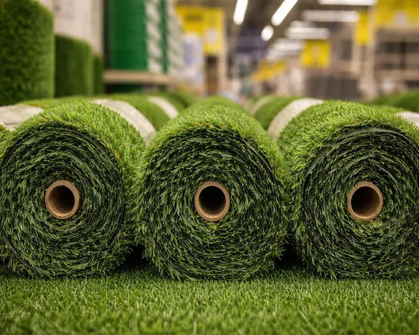 Rolls of artificial grass in a store setting